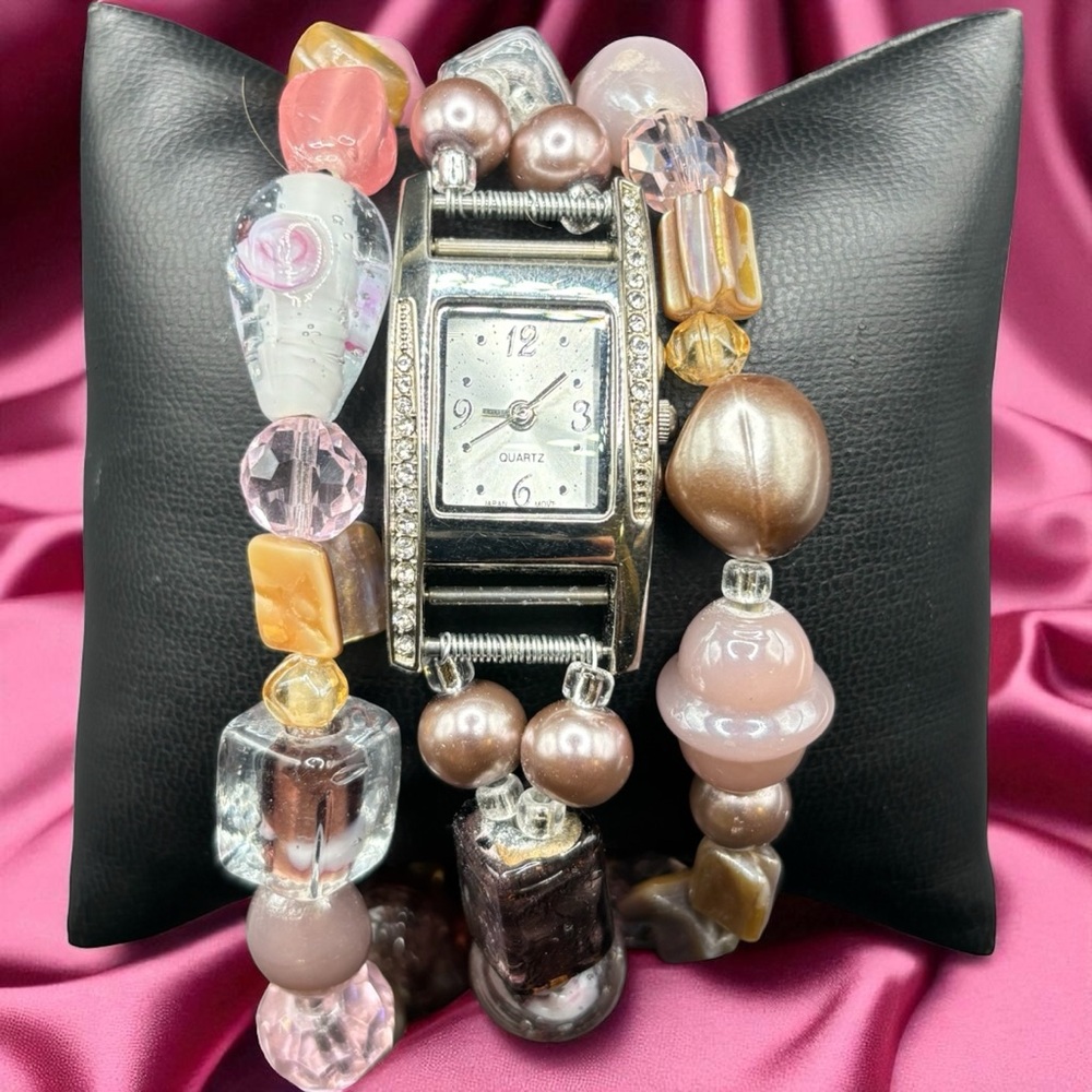 Handmade Beaded Triple Strand Watch with Glass, Shell & Faux Pearls, Silver Tone